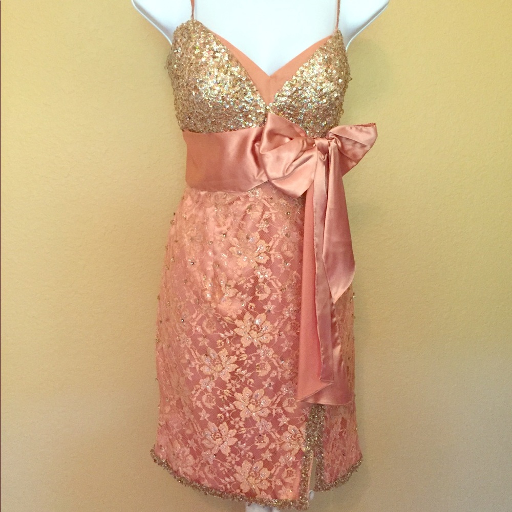 Coral/Peach mini lace embellished prom dress