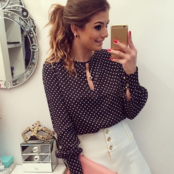 Liva Girl Tops - Dark Navy & White Polka Dot Chiffon Blouse NWT