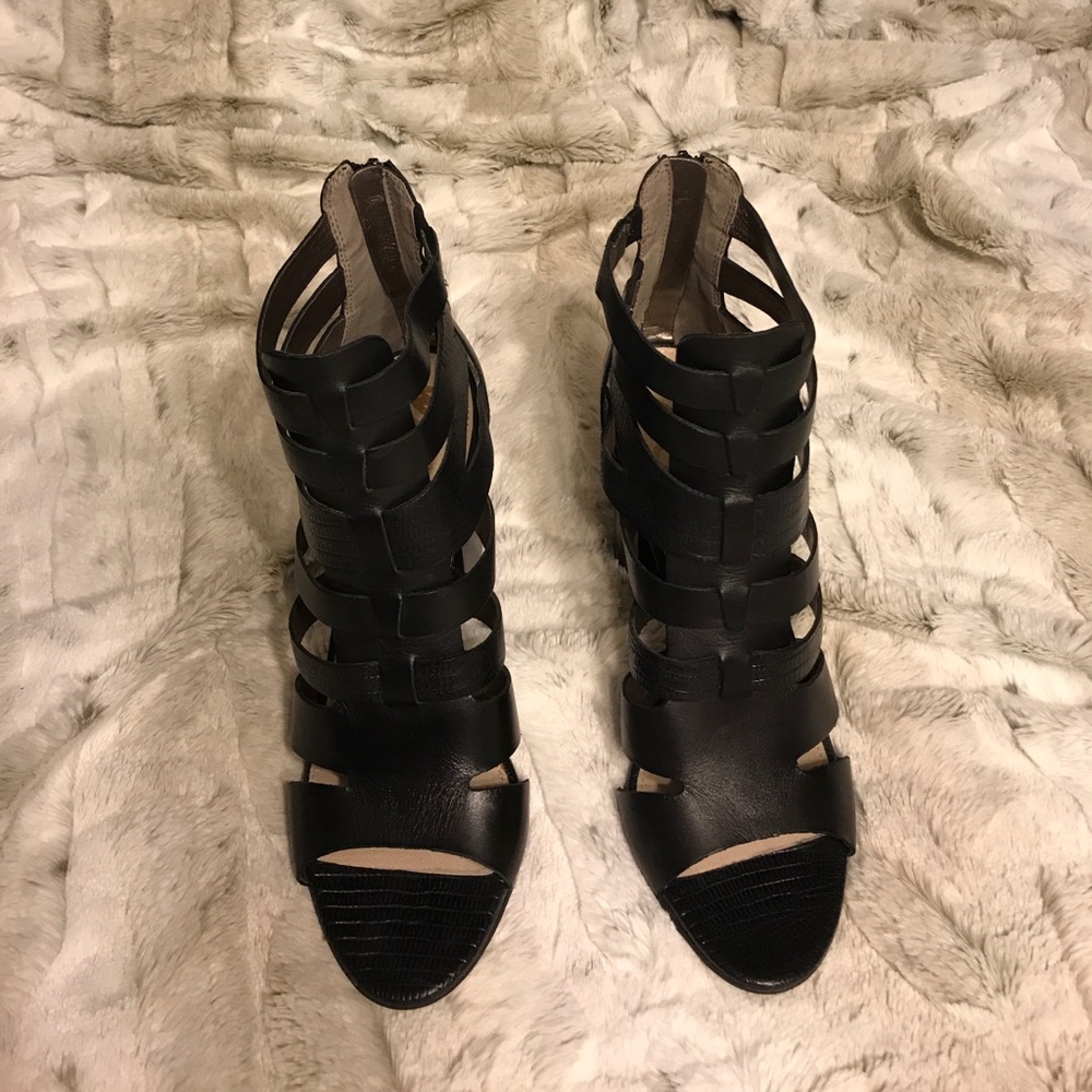 Sam Edelman black leather open toe booties.