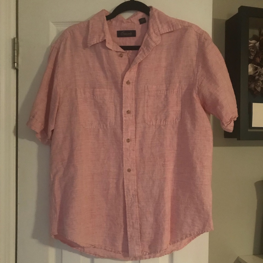 Men’s red linen button down shirt.