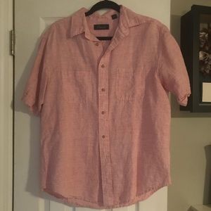 Men’s red linen button down shirt.