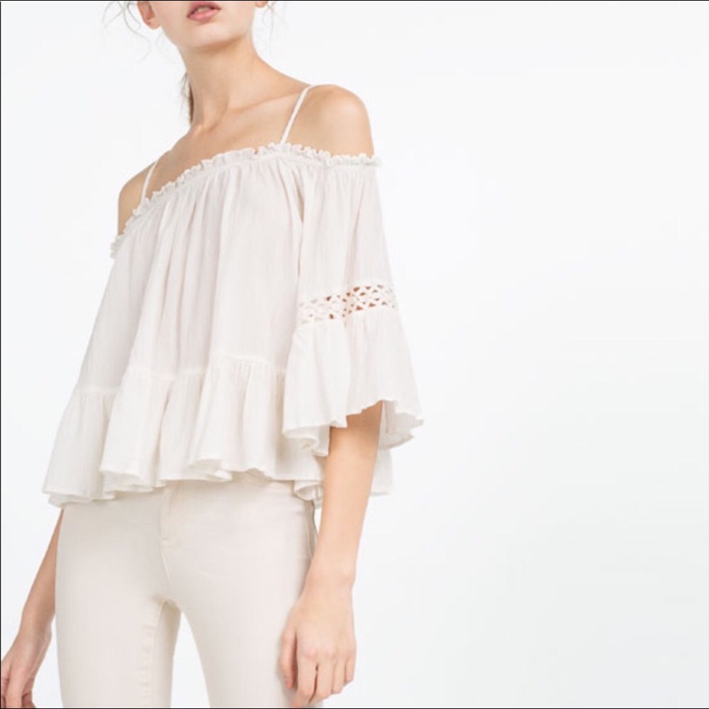 Zara Trafaluc White Ruffle Off Shoulder Blouse