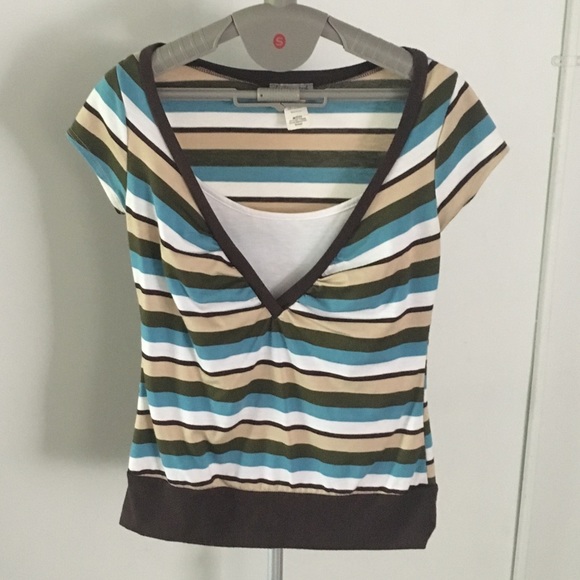 Body Central Striped V-Neck Short Sleeve Top - Picture 1 of 8