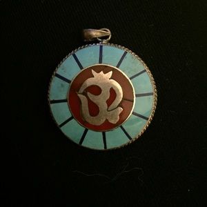 Silver Om pendant inlaid with turquoise