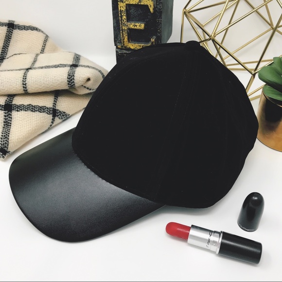 | VELVET + FAUX LEATHER BALL CAP | - Picture 2 of 6