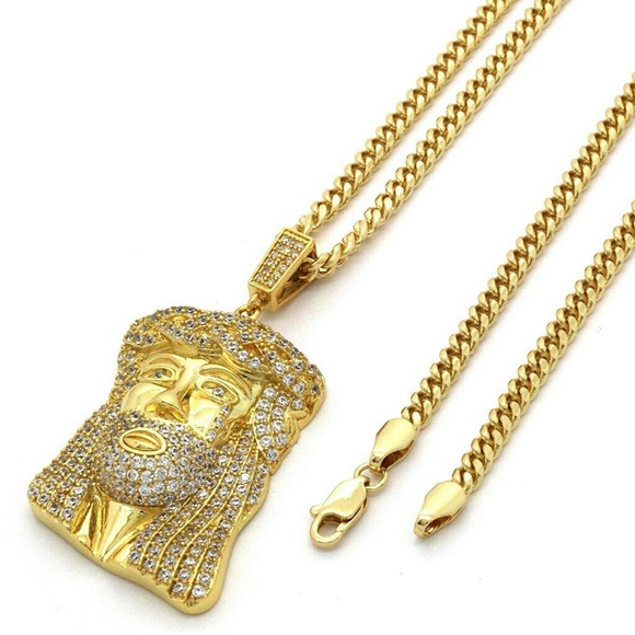 14K GOLD PLATED ICED OUT JESUS CHAIN - Picture 1 of 3