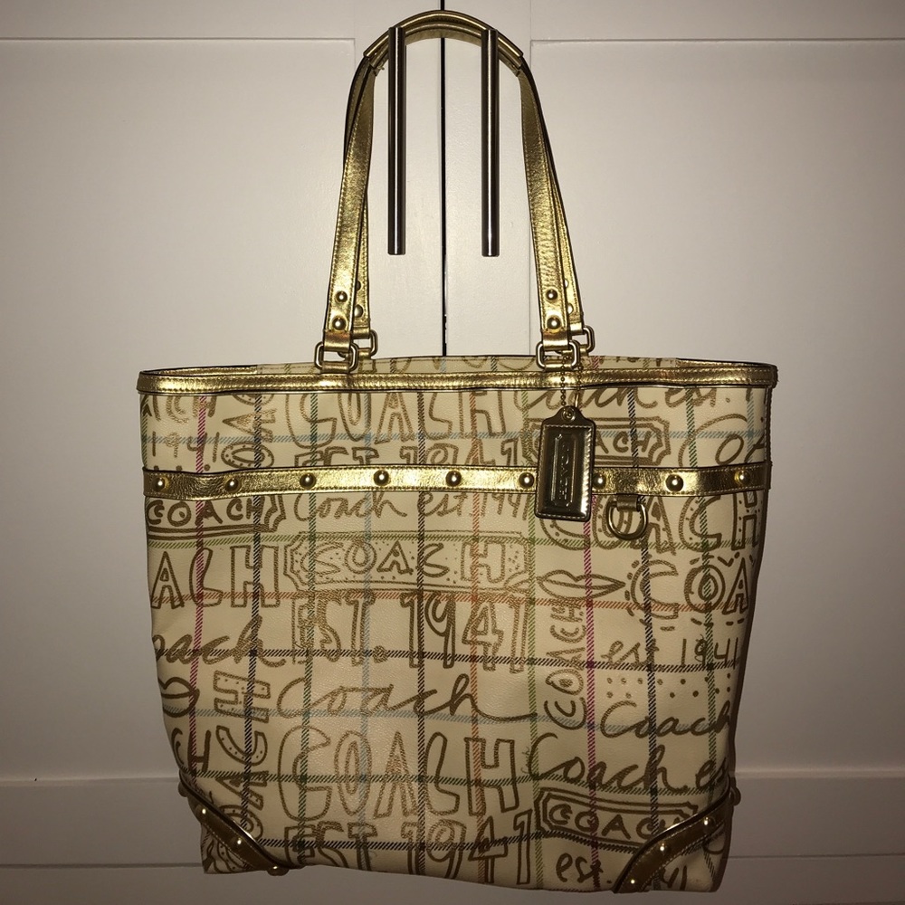 Coach Heritage stripe tattersall graffiti tote