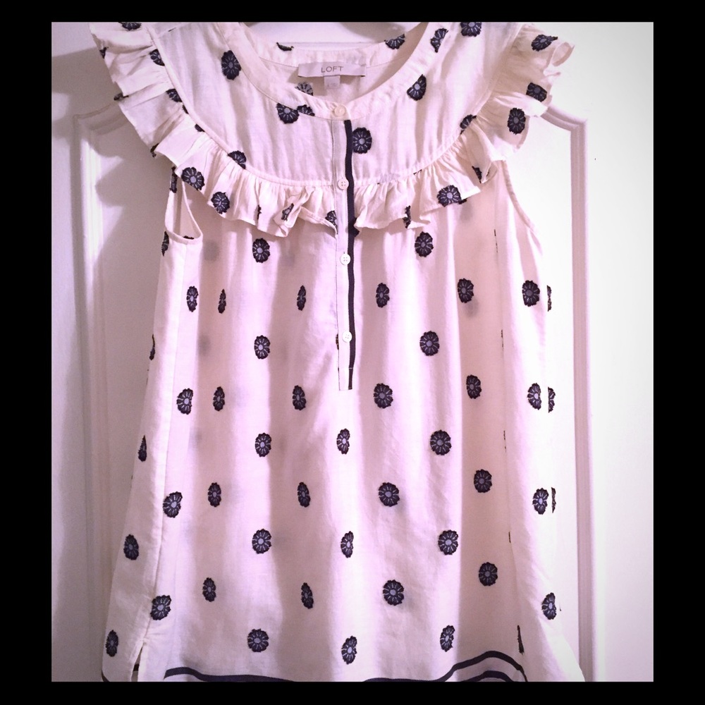 LOFT Nautical Floral Ruffle Shell