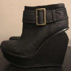 Jeffrey Campbell buckle wedge boot.