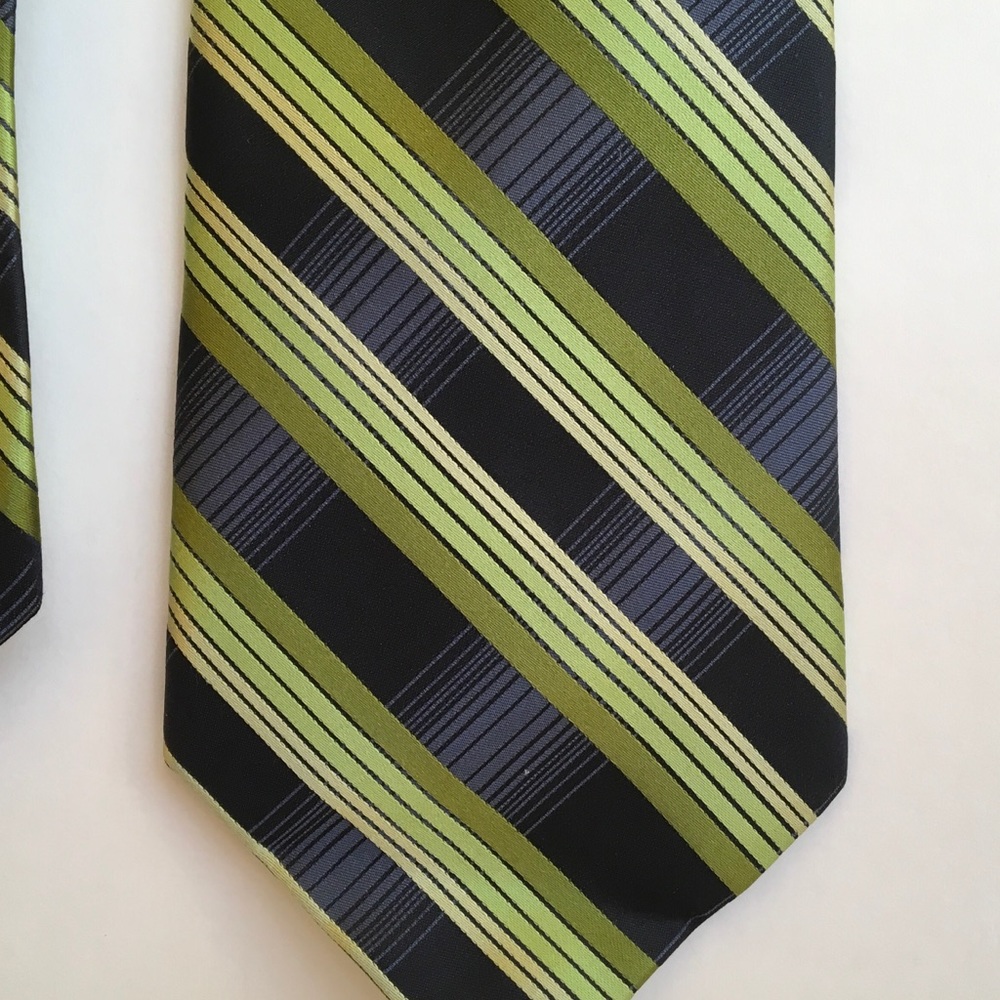 100% silk tie. Bold green/black/gray stripe