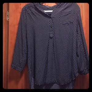 Navy and white polka dot cotton blouse