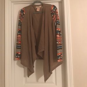 Tan cardigan with Aztec printed sleeves