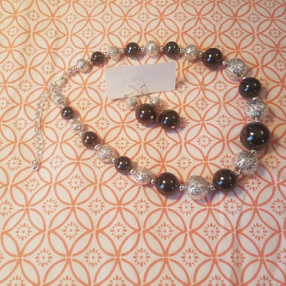 Black and Silver Statement Necklace w/ Earrings