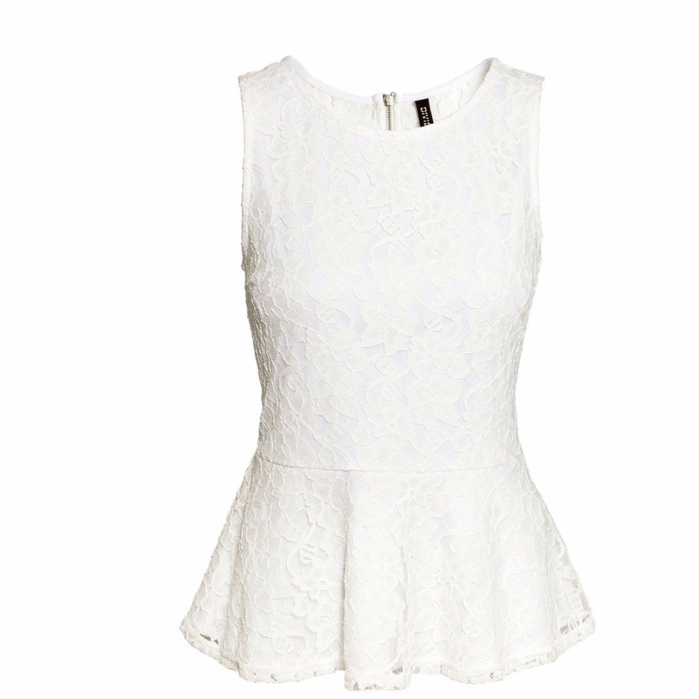 White Sleeveless Floral Lace Peplum Top