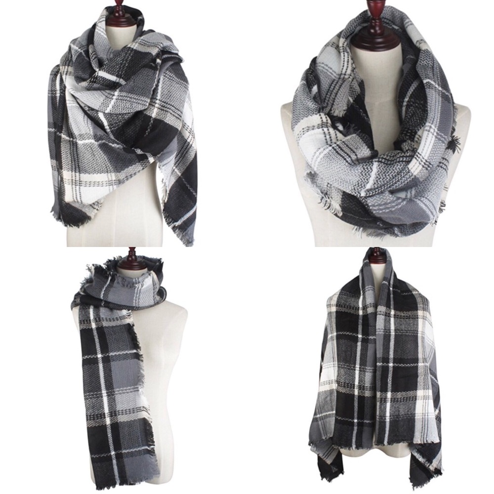 Blanket Scarf Plaid Black Grey White Wrap Gift - Picture 3 of 7