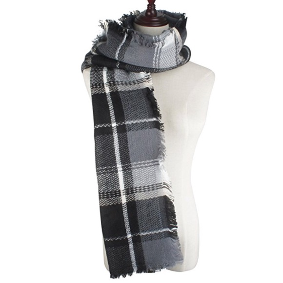 Blanket Scarf Plaid Black Grey White Wrap Gift - Picture 5 of 7