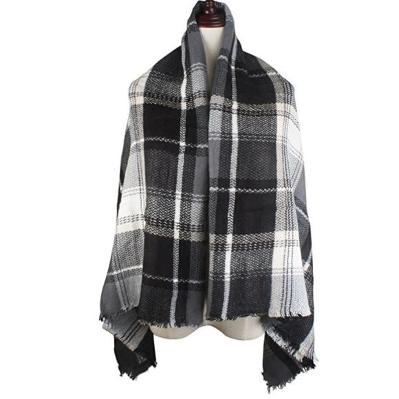 Blanket Scarf Plaid Black Grey White Wrap Gift - Picture 6 of 7