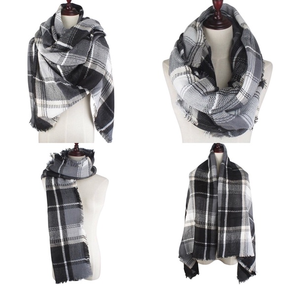 Blanket Scarf Plaid Black Grey White Wrap Gift - Picture 3 of 7