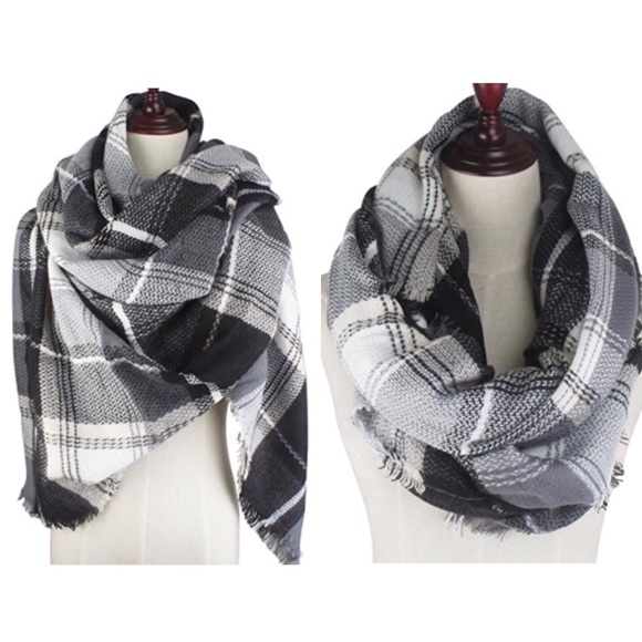 Blanket Scarf Plaid Black Grey White Wrap Gift - Picture 2 of 7