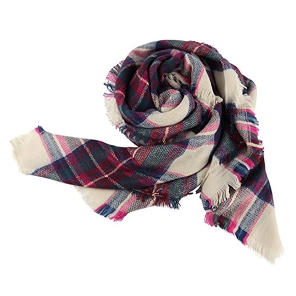 LAST 1! Blanket Scarf Plaid Pink Blue Cream Wrap - Picture 4 of 6