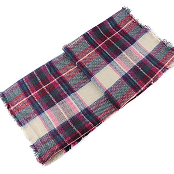 LAST 1! Blanket Scarf Plaid Pink Blue Cream Wrap - Picture 5 of 6