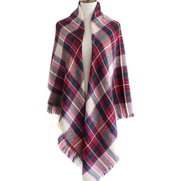 LAST 1! Blanket Scarf Plaid Pink Blue Cream Wrap - Picture 6 of 6