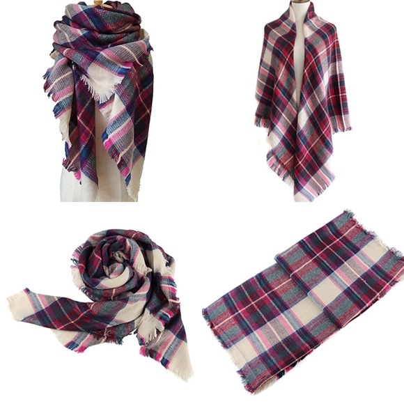 LAST 1! Blanket Scarf Plaid Pink Blue Cream Wrap - Picture 3 of 6