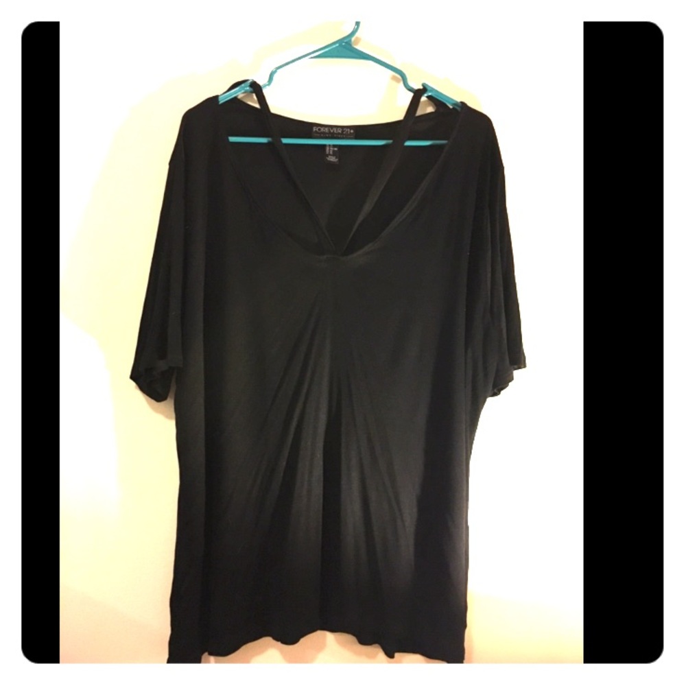 Black tee with criss cross on the chest