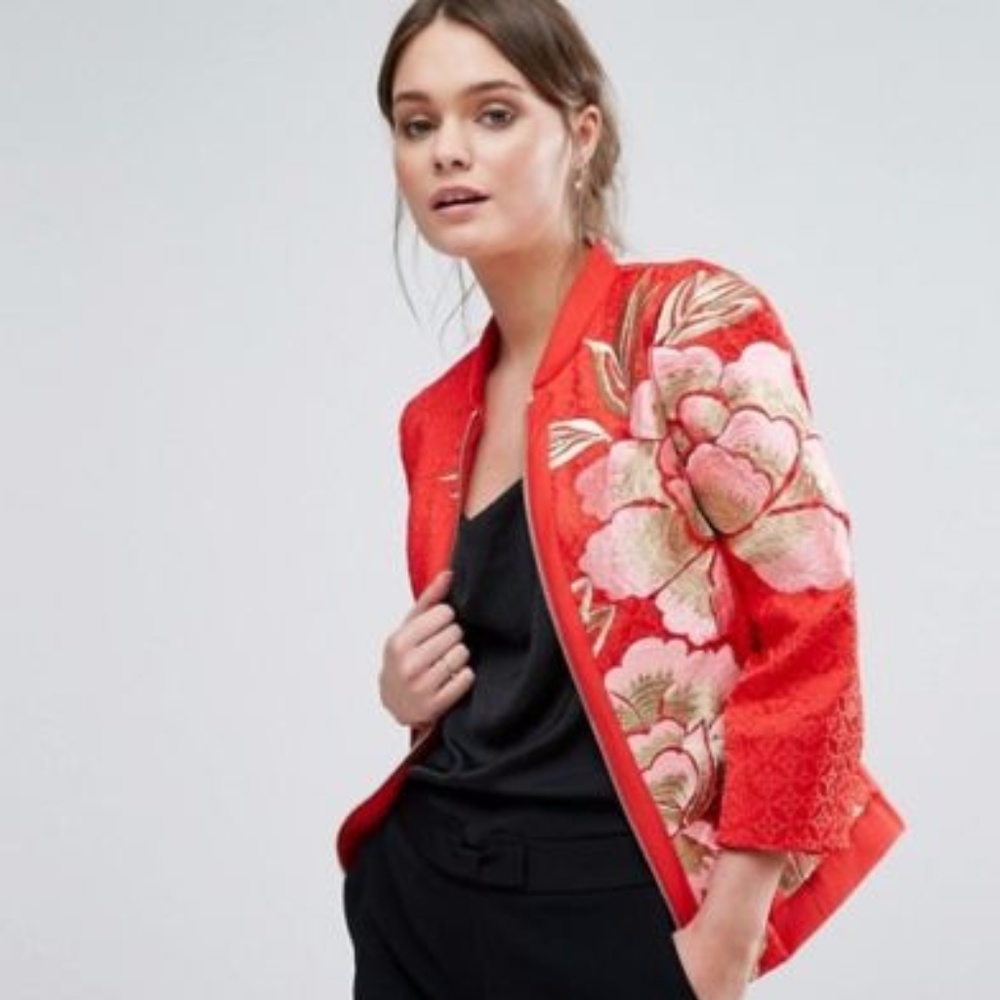 Ted Baker Herrne Red Orange Floral Bomber Jacket