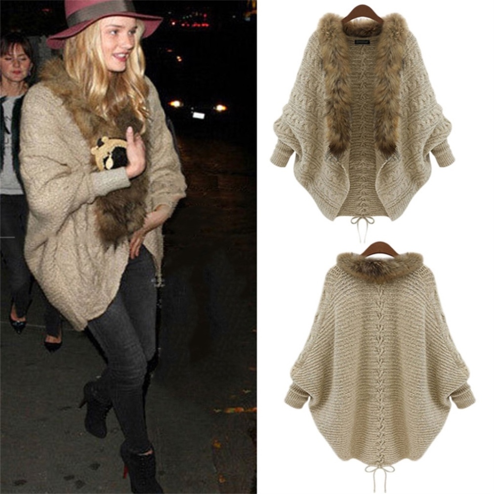Women's Poncho Sweater w/Fur Collar