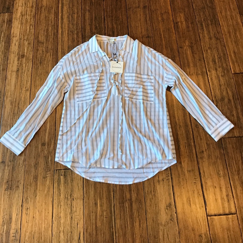 Grey & White Striped Lace Up Top - Picture 3 of 8