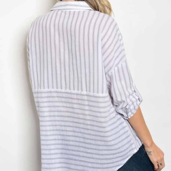 Grey & White Striped Lace Up Top - Picture 2 of 8