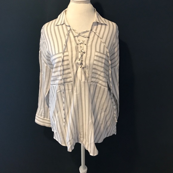 Grey & White Striped Lace Up Top - Picture 5 of 8