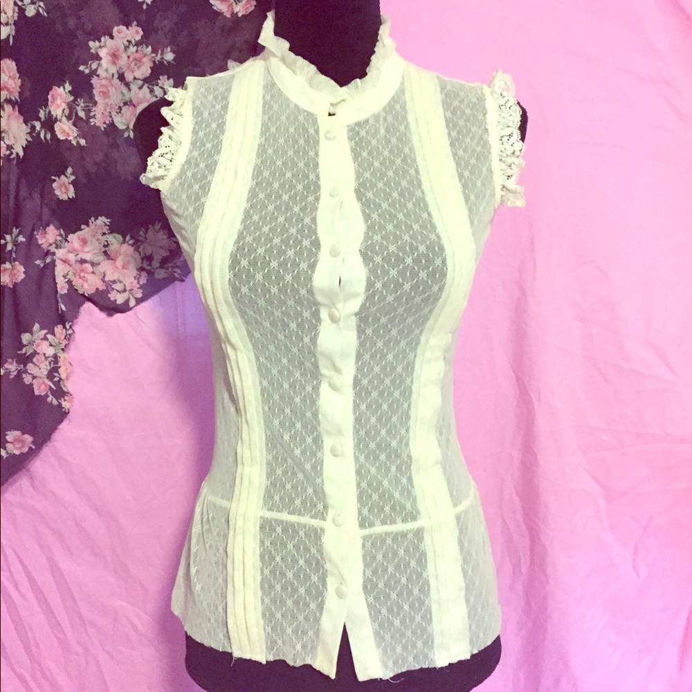 Women’s Guess Jeans Small Sheer Lace White Blouse