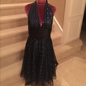 Navy and black bling holiday cocktail dress