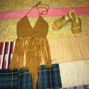 Mustard Fringe Crochet Halter Top