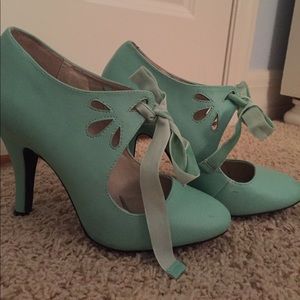 Teal blue heels with ribbon detail