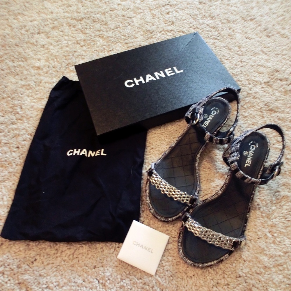 Chanel tweed chain-link sandals