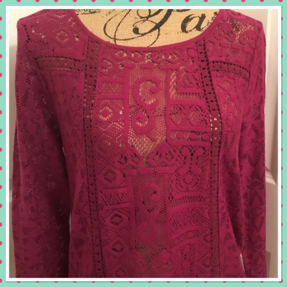 Lucky Brand Fuchsia Lace Front 3/4 Sleeve Top NWT
