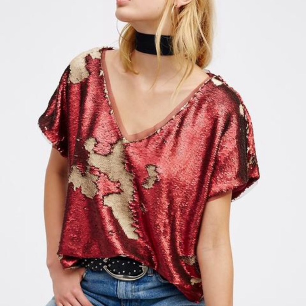 Free People Red Sequin Oversize Glitz It Tee