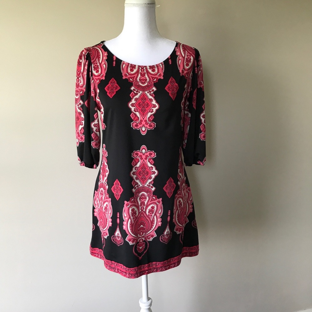 INC size Medium Black Dress Pink Print 3/4 Sleeves