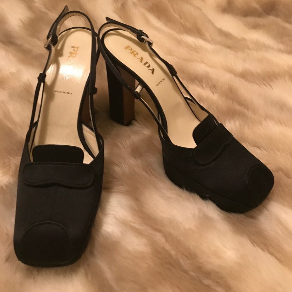 Prada, black satin closed sling backs💜