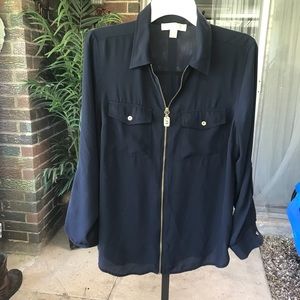 Michael Kors navy zip up chiffon blouse gold zip