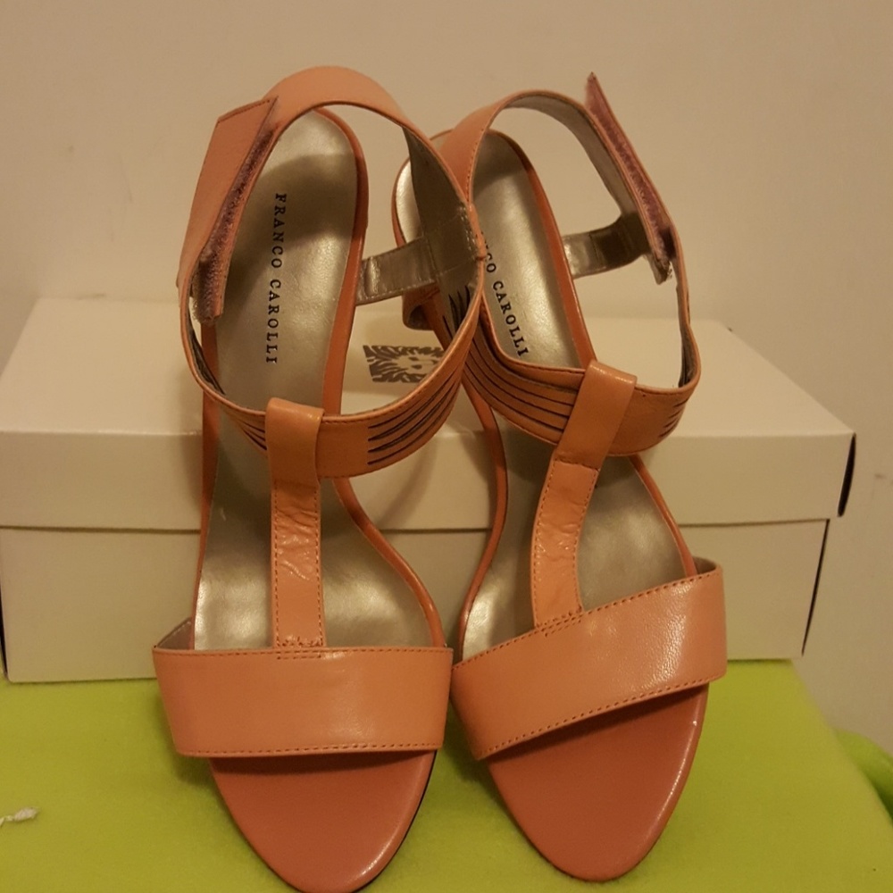 Coral t strap high heel sandal by Franko Carolli.