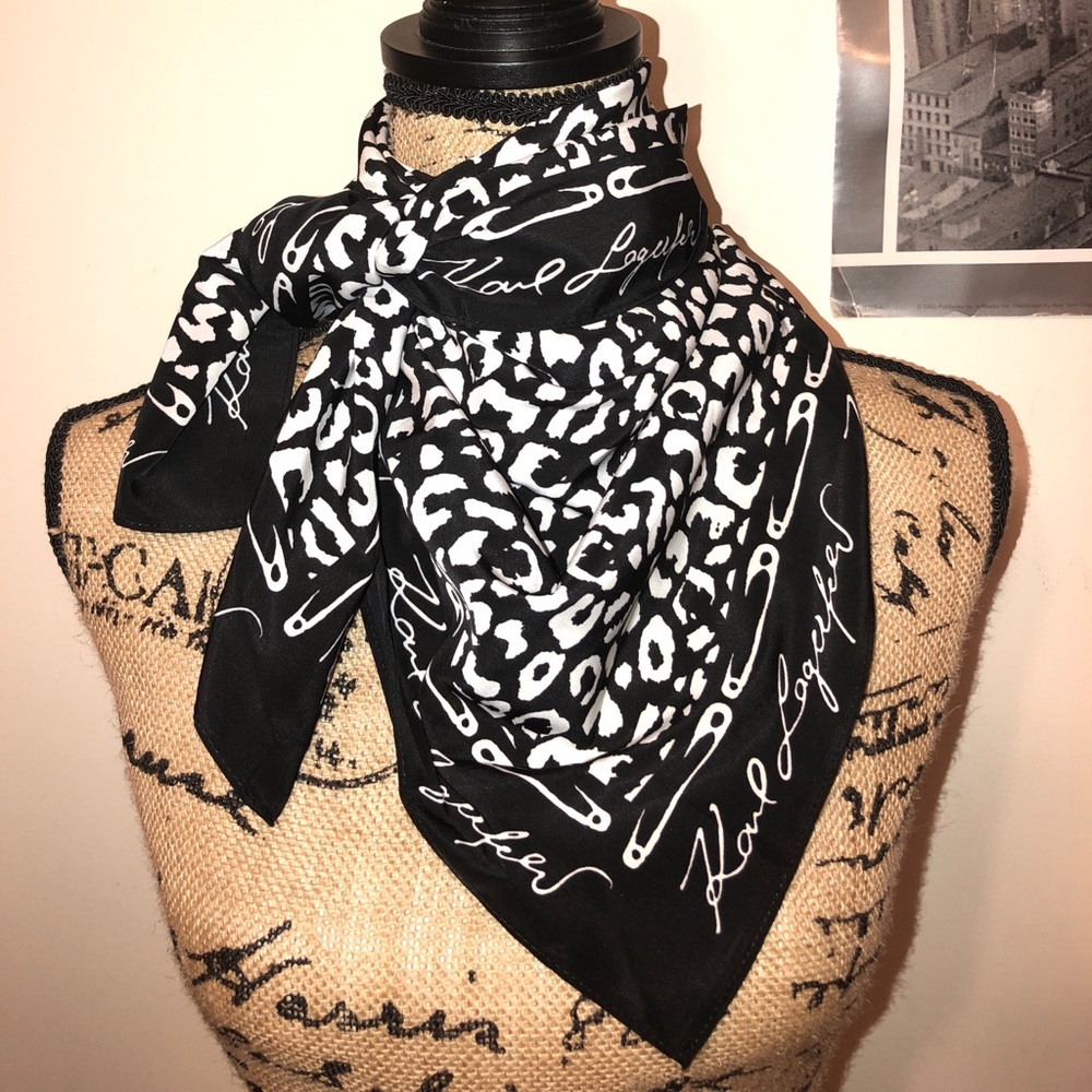 NEW KARL LAGERFELD SIGNATURE SAFTEY PIN SILK SCARF