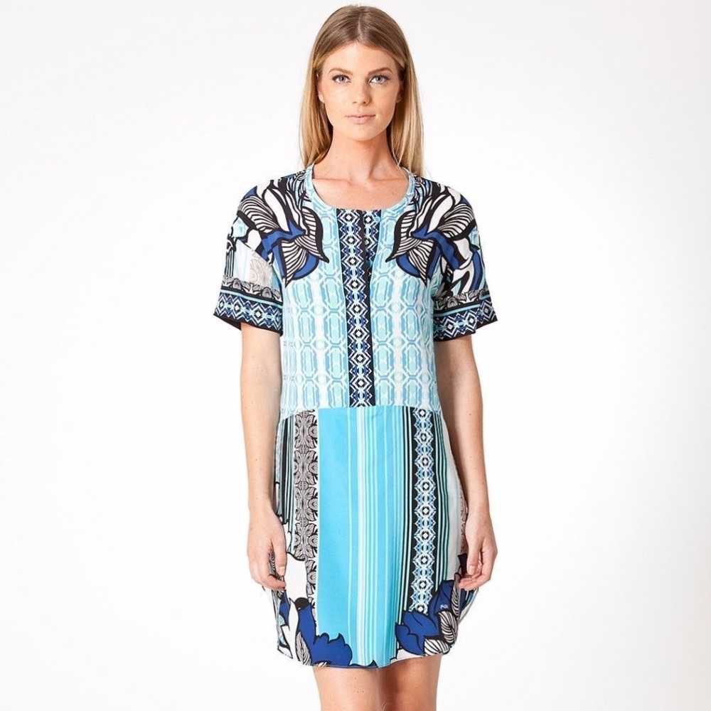 Hale Bob Blue Geometric Floral Silk Shift Dress