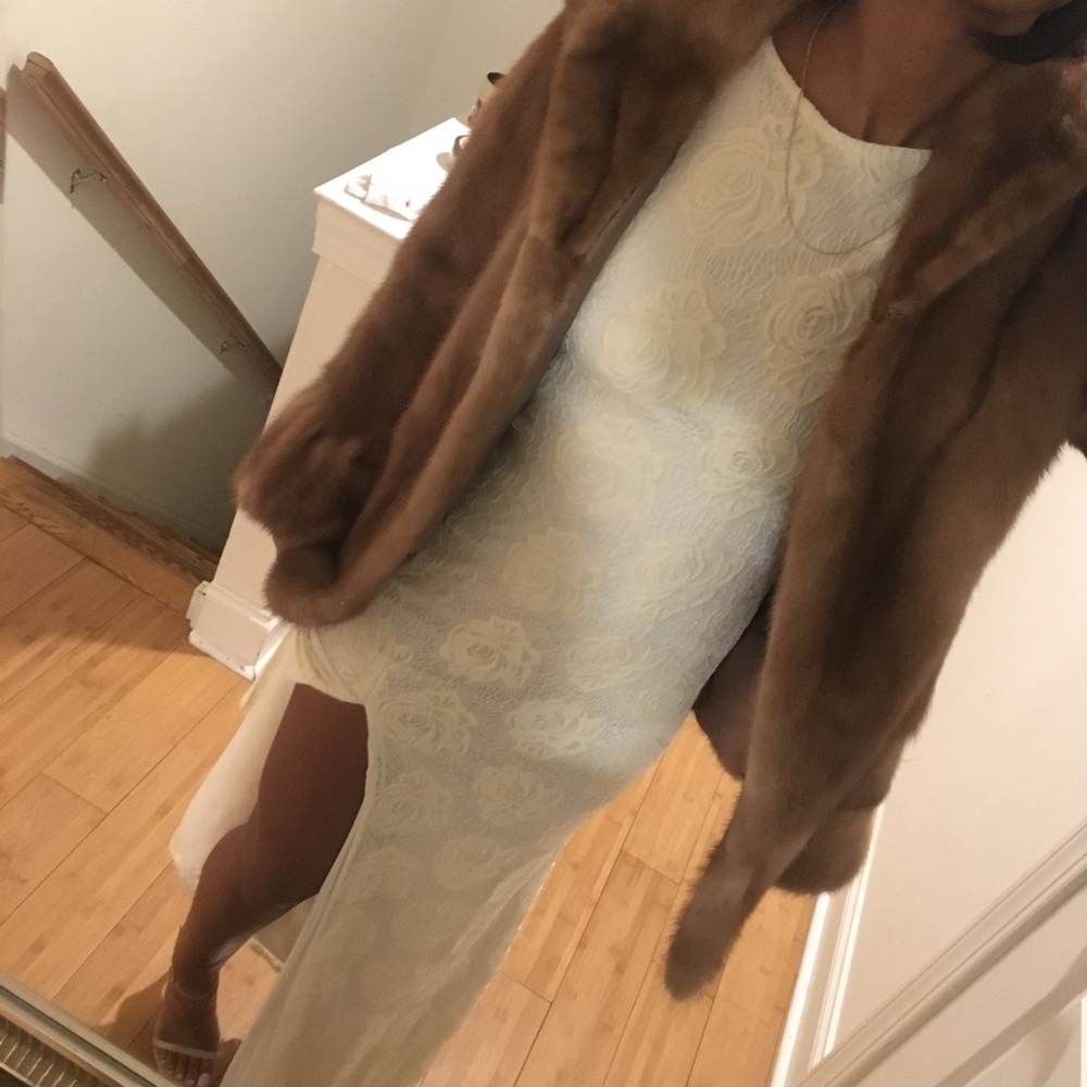 Long Sleeve Lace Dress with Side Slit - Ivory