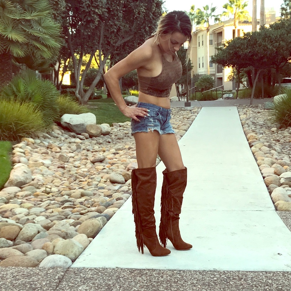 Brown Thigh high boots with fringe in the back