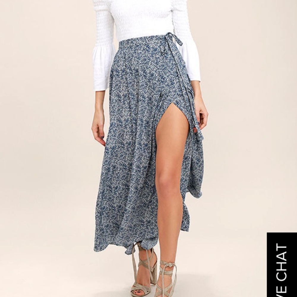 beautiful tempest navy blue print wrap maxi skirt