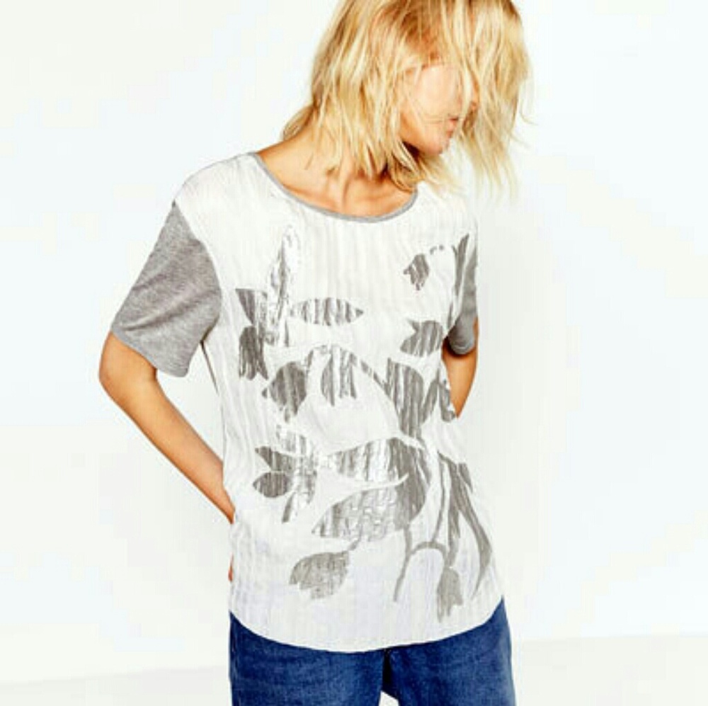 ZARA Pleated Front Shiny T-shirt